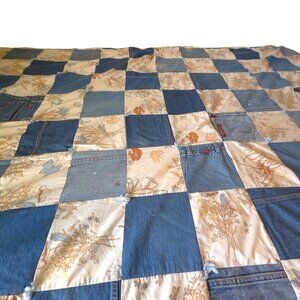 Vtg 70s Denim Blue Jeans Patchwork Crazy Quilt Pockets Labels‎ Butterfly F/Queen